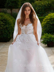 Wedding Dresses V Neck, A-Line/Princess Sweetheart Sweep Train Tulle Wedding Dresses With Appliques Lace