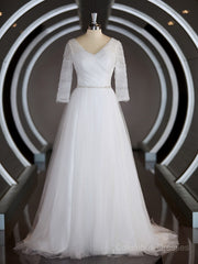 Wedding Dress For The Beach, A-Line/Princess Sweetheart Sweep Train Tulle Wedding Dresses with Ruffles
