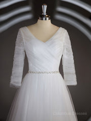 Wedding Dressed For The Beach, A-Line/Princess Sweetheart Sweep Train Tulle Wedding Dresses with Ruffles