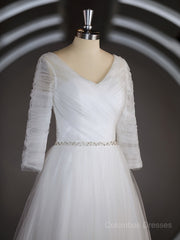 Wedding Dresses Shoulder, A-Line/Princess Sweetheart Sweep Train Tulle Wedding Dresses with Ruffles
