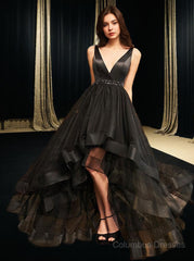 Formal Dress Long Sleeve, A-Line/Princess V-neck Asymmetrical Tulle Prom Dresses With Beading