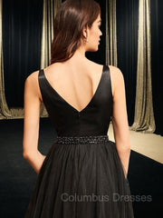 Formal Dresses Long Sleeved, A-Line/Princess V-neck Asymmetrical Tulle Prom Dresses With Beading