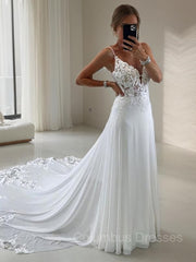 Wedding Dress With Color, A-Line/Princess V-neck Chapel Train Chiffon Wedding Dresses With Appliques Lace