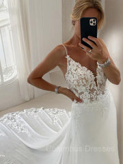 Wedding Dress Backless, A-Line/Princess V-neck Chapel Train Chiffon Wedding Dresses With Appliques Lace