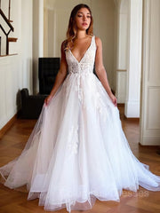 Wedding Dress Satin, A-Line/Princess V-neck Chapel Train Tulle Wedding Dresses With Appliques Lace