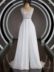 Wedding Dresse Boho, A-Line/Princess V-neck Court Train Chiffon Wedding Dresses with Leg Slit