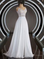 Wedding Dresse Beach, A-Line/Princess V-neck Court Train Chiffon Wedding Dresses with Leg Slit