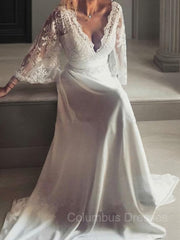 Wedding Dress Beautiful, A-Line/Princess V-neck Court Train Lace Wedding Dresses With Belt/Sash