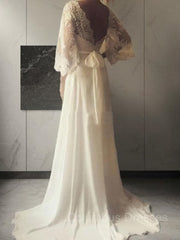 Wedding Dress Design, A-Line/Princess V-neck Court Train Lace Wedding Dresses With Belt/Sash