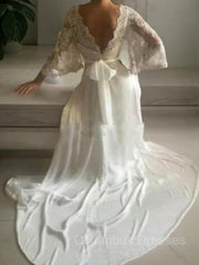 Wedding Dress Designs, A-Line/Princess V-neck Court Train Lace Wedding Dresses With Belt/Sash