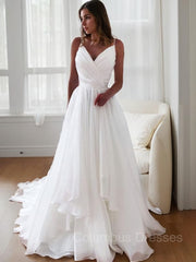 Wedding Dress Colored, A-Line/Princess V-neck Court Train Organza Wedding Dresses