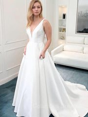 Wedding Dress Bridesmaid, A-Line/Princess V-neck Court Train Satin Wedding Dresses With Bow