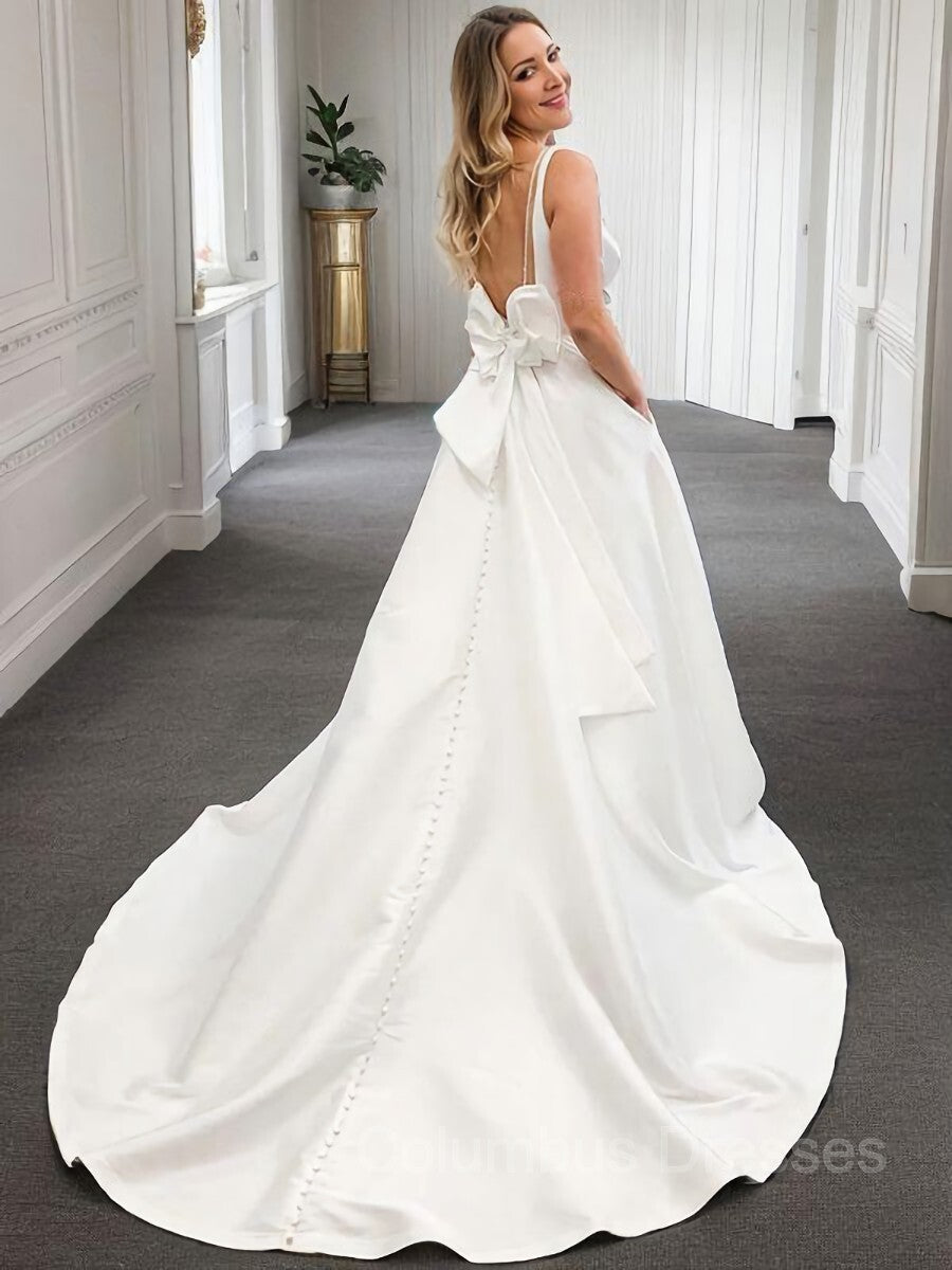 Wedding Dress With Strap, A-Line/Princess V-neck Court Train Satin Wedding Dresses With Bow