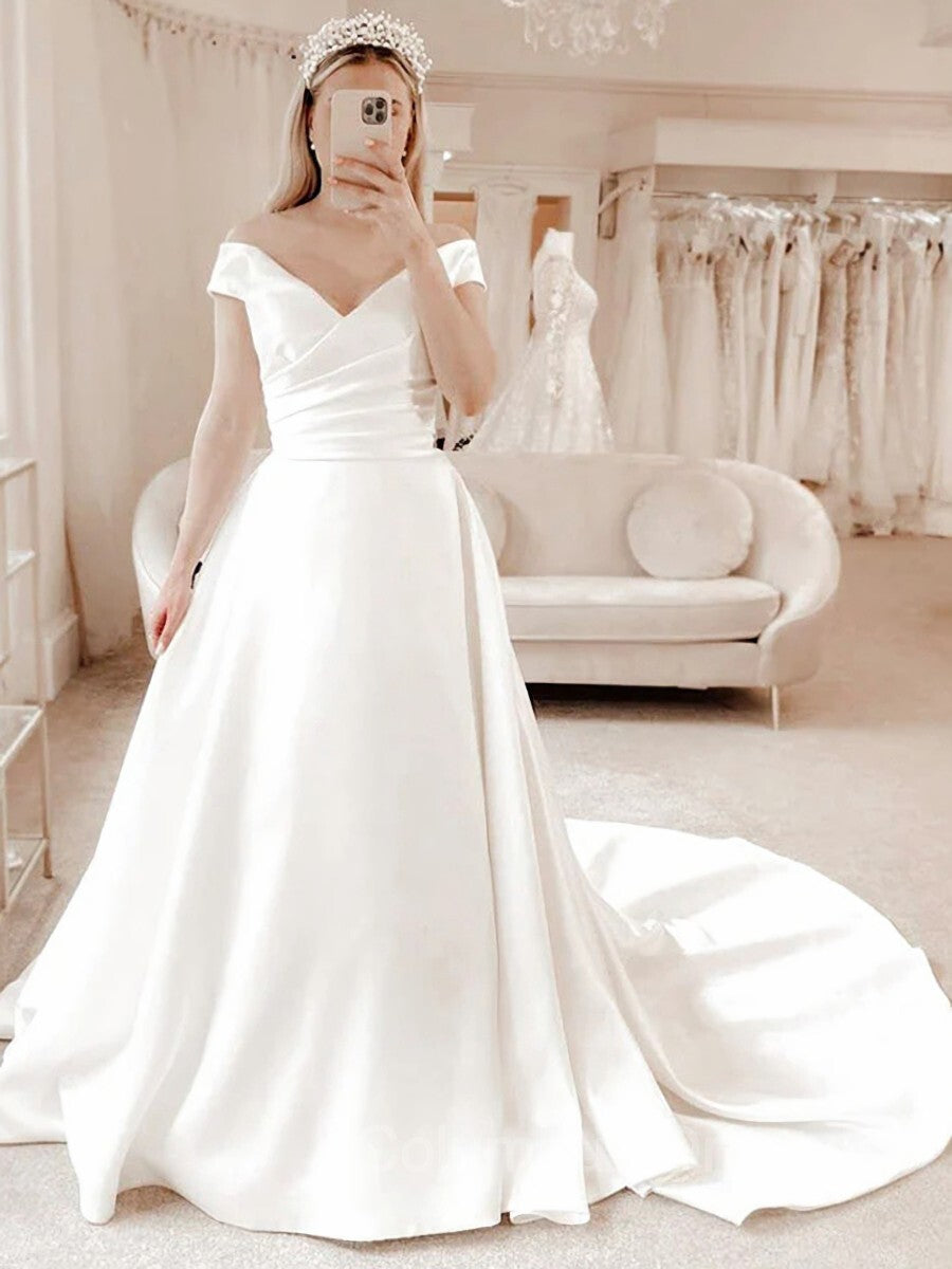 Wedding Dress Straps, A-Line/Princess V-neck Court Train Satin Wedding Dresses With Pleated