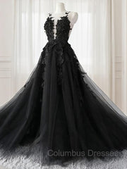 Wedding Dress For Large Bust, A-line/Princess V-neck Court Train Tulle Wedding Dress with Appliques Lace