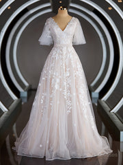 Wedding Dresses Straps, A-Line/Princess V-neck Court Train Tulle Wedding Dresses with Appliques Lace