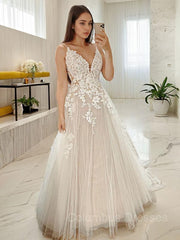 Wedding Dress 2027, A-Line/Princess V-neck Court Train Tulle Wedding Dresses With Appliques Lace