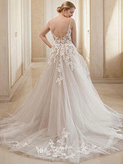 Wedding Dresses For Shorter Brides, A-Line/Princess V-neck Court Train Tulle Wedding Dresses With Appliques Lace