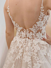 Wedding Dresses For Short Brides, A-Line/Princess V-neck Court Train Tulle Wedding Dresses With Appliques Lace