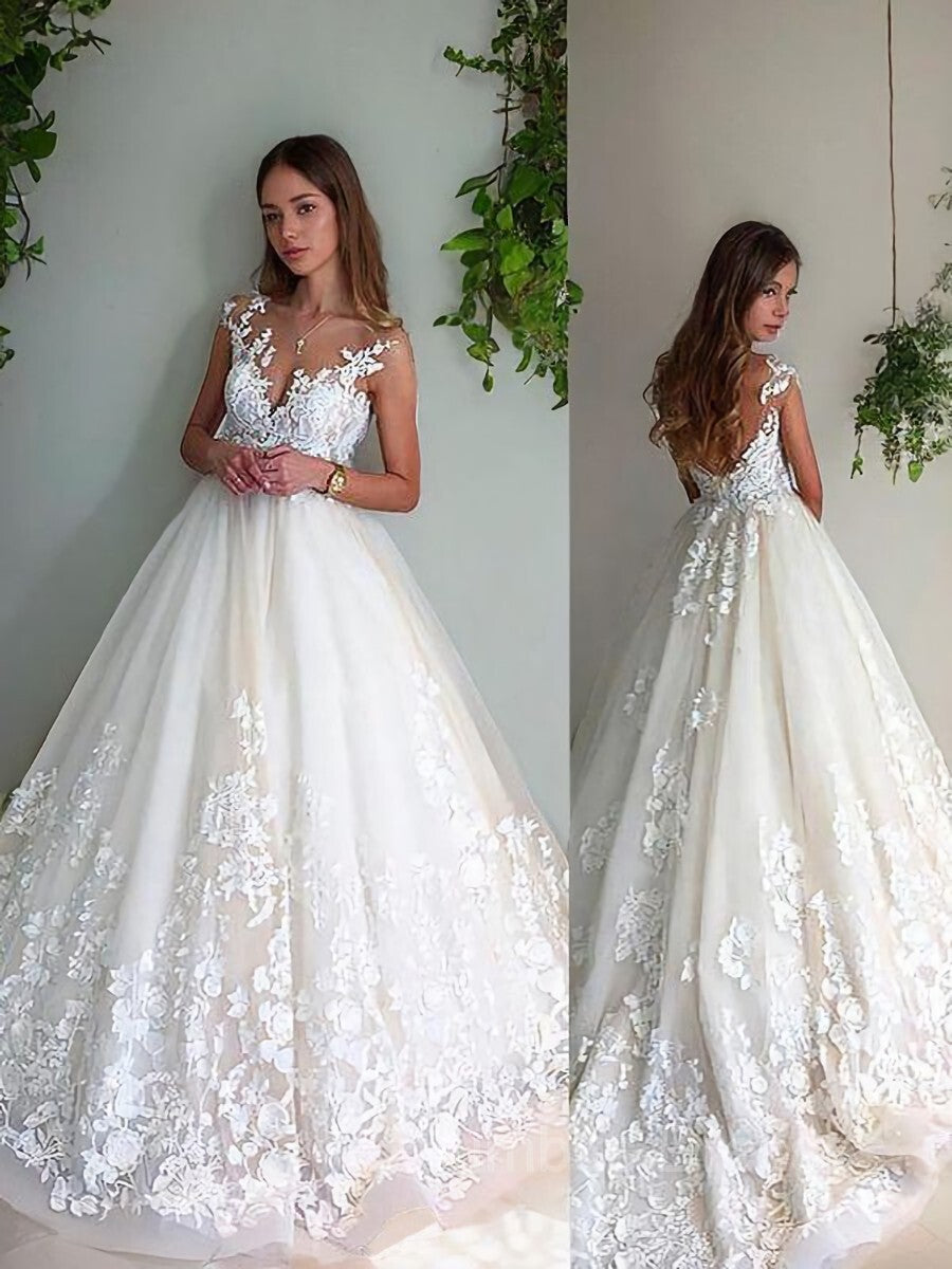 Wedding Dress Spring, A-Line/Princess V-neck Court Train Tulle Wedding Dresses With Appliques Lace
