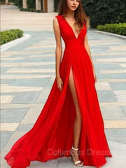 Prom Dresses Shorts, A-Line/Princess V-neck Floor-Length Chiffon Prom Dresses With Leg Slit