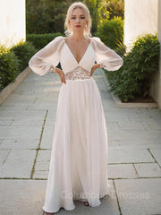 Wedding Dress White, A-line/Princess V-neck Floor-Length Chiffon Wedding Dress