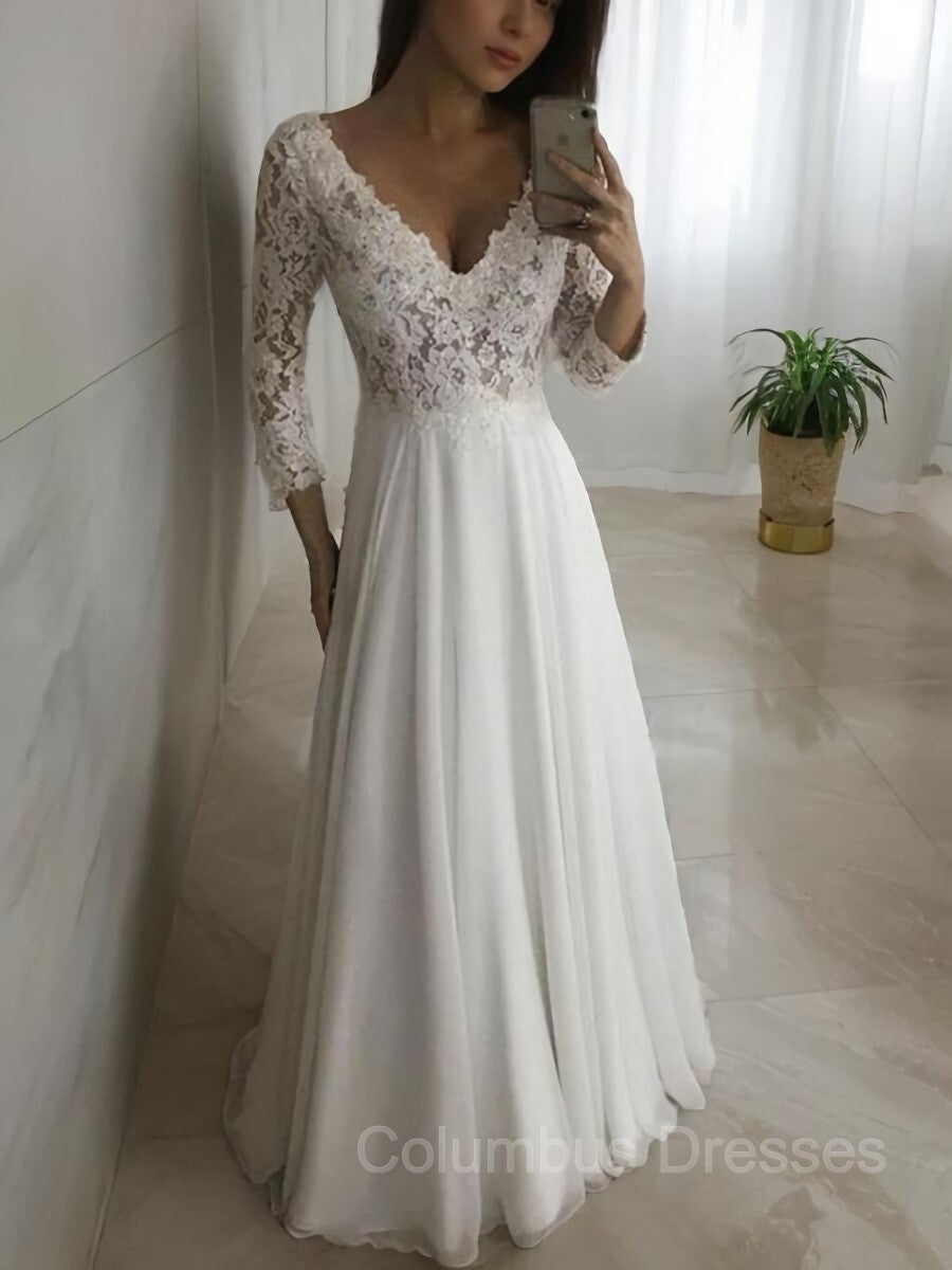 Wedding Dress 2030, A-Line/Princess V-neck Floor-Length Chiffon Wedding Dresses With Appliques Lace