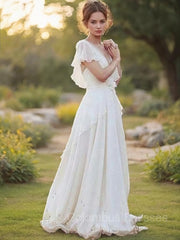 Wedding Dresses Under, A-Line/Princess V-neck Floor-Length Chiffon Wedding Dresses With Belt/Sash