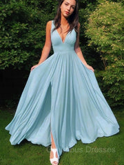 Bridesmaids Dress Websites, A-Line/Princess V-neck Floor-Length Jersey Prom Dresses With Leg Slit