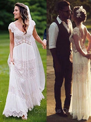 Wedding Dress Designer, A-Line/Princess V-neck Floor-Length Lace Wedding Dresses