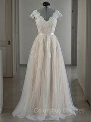 Wedding Dresses Trend, A-Line/Princess V-neck Floor-Length Lace Wedding Dresses With Appliques Lace