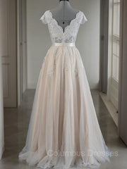 Wedding Dresses Trends, A-Line/Princess V-neck Floor-Length Lace Wedding Dresses With Appliques Lace