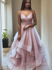 Evening Dresses For Wedding Guest, A-Line/Princess V-neck Floor-Length Net Prom Dresses