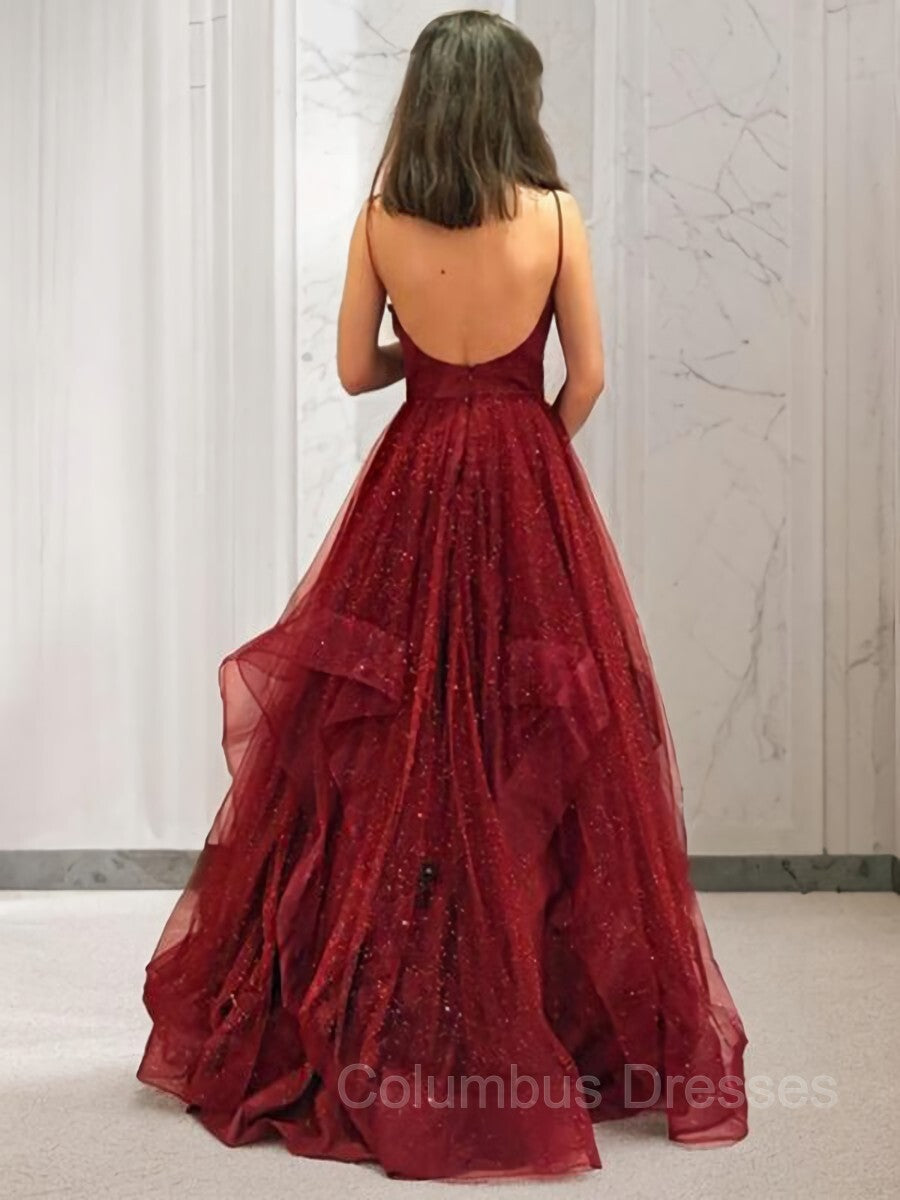 Evening Dresses Midi, A-Line/Princess V-neck Floor-Length Net Prom Dresses