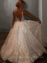 Evening Dresses Long Sleeve, A-Line/Princess V-neck Floor-Length Prom Dresses