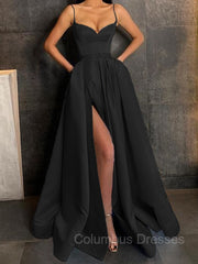 Evening Dresses Formal, A-Line/Princess V-neck Floor-Length Satin Prom Dresses With Leg Slit