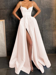 Evening Dress Formal, A-Line/Princess V-neck Floor-Length Satin Prom Dresses With Leg Slit