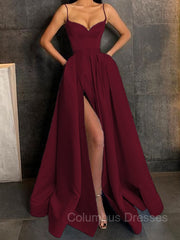 Evening Dresses Online Shop, A-Line/Princess V-neck Floor-Length Satin Prom Dresses With Leg Slit