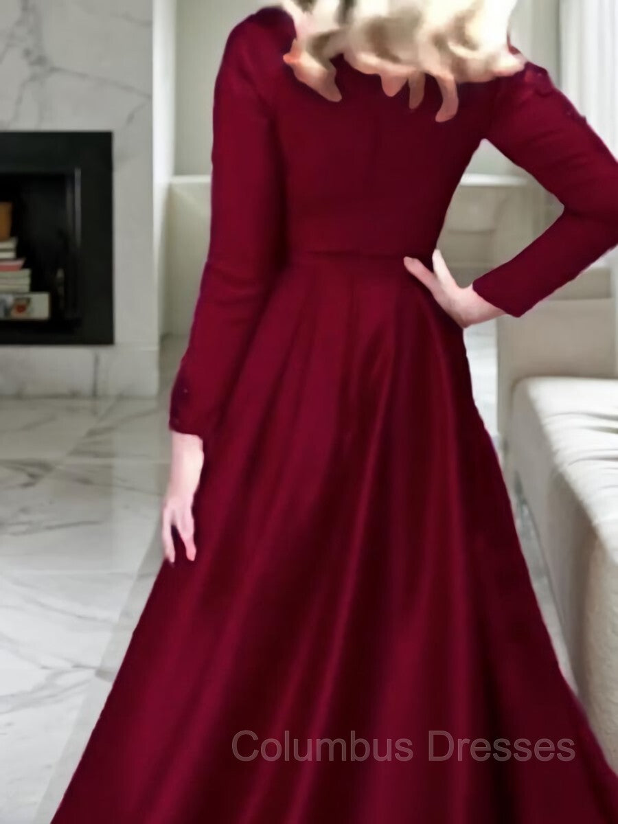 Red Formal Dress, A-Line/Princess V-neck Floor-Length Satin Prom Dresses With Leg Slit