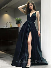 Prom Dresses Guide, A-Line/Princess V-neck Floor-Length Satin Prom Dresses With Leg Slit
