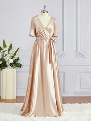 Bridesmaid Dresses Different Styles, A-Line/Princess V-neck Floor-Length Silk like Satin Bridesmaid Dresses with Belt/Sash