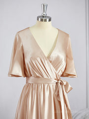 Bridesmaid Dresses Under 119, A-Line/Princess V-neck Floor-Length Silk like Satin Bridesmaid Dresses with Belt/Sash