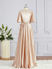 Bridesmaid Dresses Affordable, A-Line/Princess V-neck Floor-Length Silk like Satin Bridesmaid Dresses with Belt/Sash