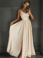 Short Formal Dress, A-Line/Princess V-neck Floor-Length Silk like Satin Prom Dresses With Leg Slit