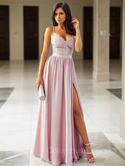 Dress Prom, A-Line/Princess V-neck Floor-Length Silk like Satin Prom Dresses With Leg Slit