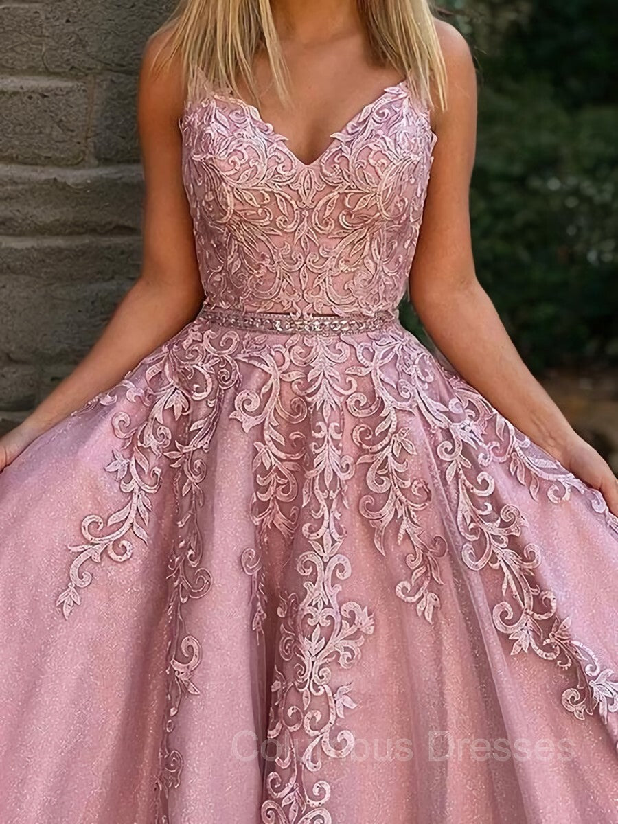 Formal Dress Long Elegant, A-Line/Princess V-neck Floor-Length Tulle Evening Dresses With Appliques Lace