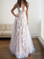 Party Dress In Store, A-Line/Princess V-neck Floor-Length Tulle Evening Dresses With Appliques Lace
