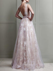 Party Dresses In Store, A-Line/Princess V-neck Floor-Length Tulle Evening Dresses With Appliques Lace