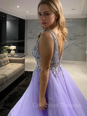 Formal Dresses For 32 Year Olds, A-Line/Princess V-neck Floor-Length Tulle Evening Dresses With Beading