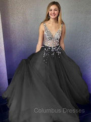 Formal Dresses For Wedding Guests, A-Line/Princess V-neck Floor-Length Tulle Evening Dresses With Beading